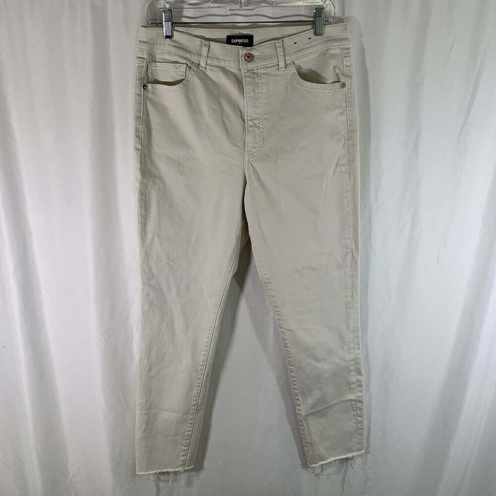 Express Skinny Jeans Women's 12R White Denim High Rise Raw Hem Cotton Blend